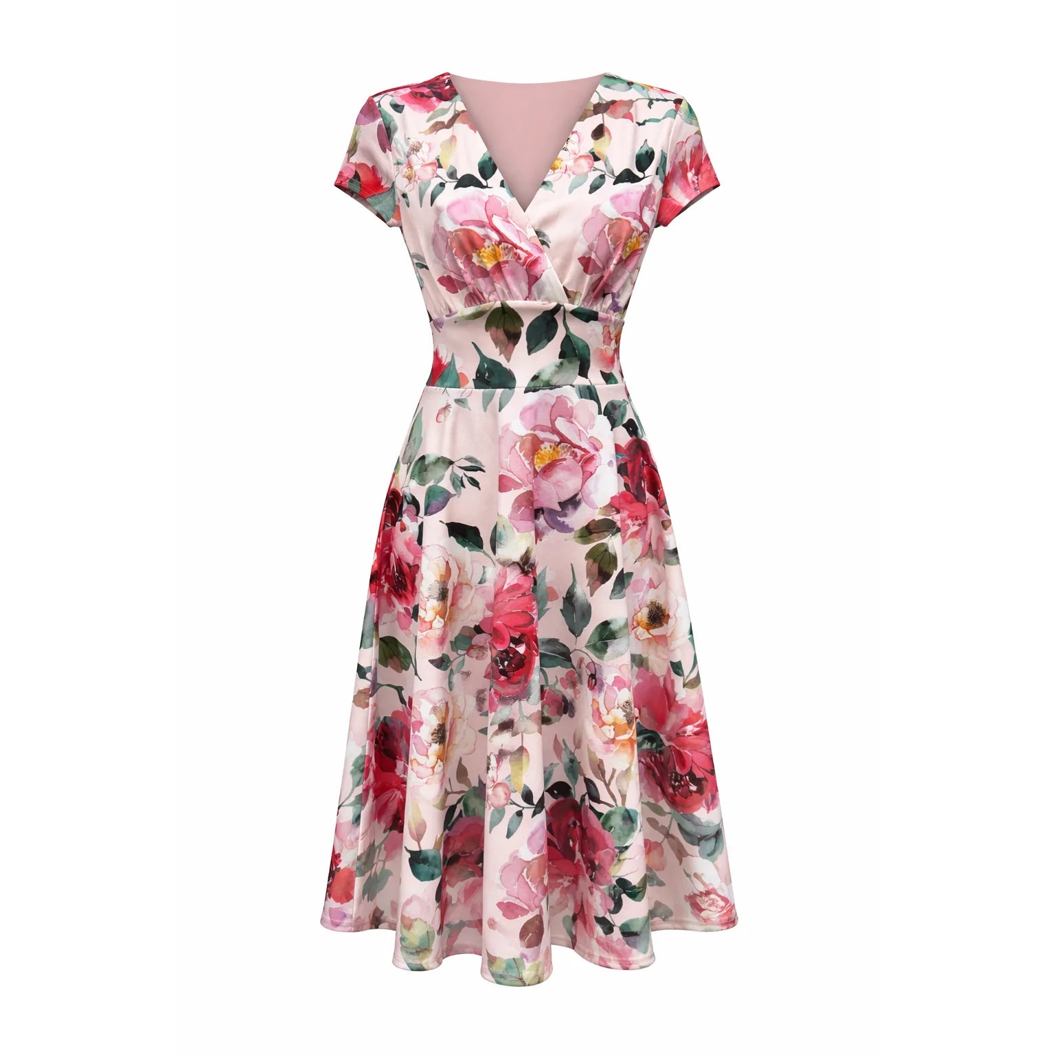 Summer Pink Floral Wrap Top A Line Swing Tea Dress With Cap Sleeves