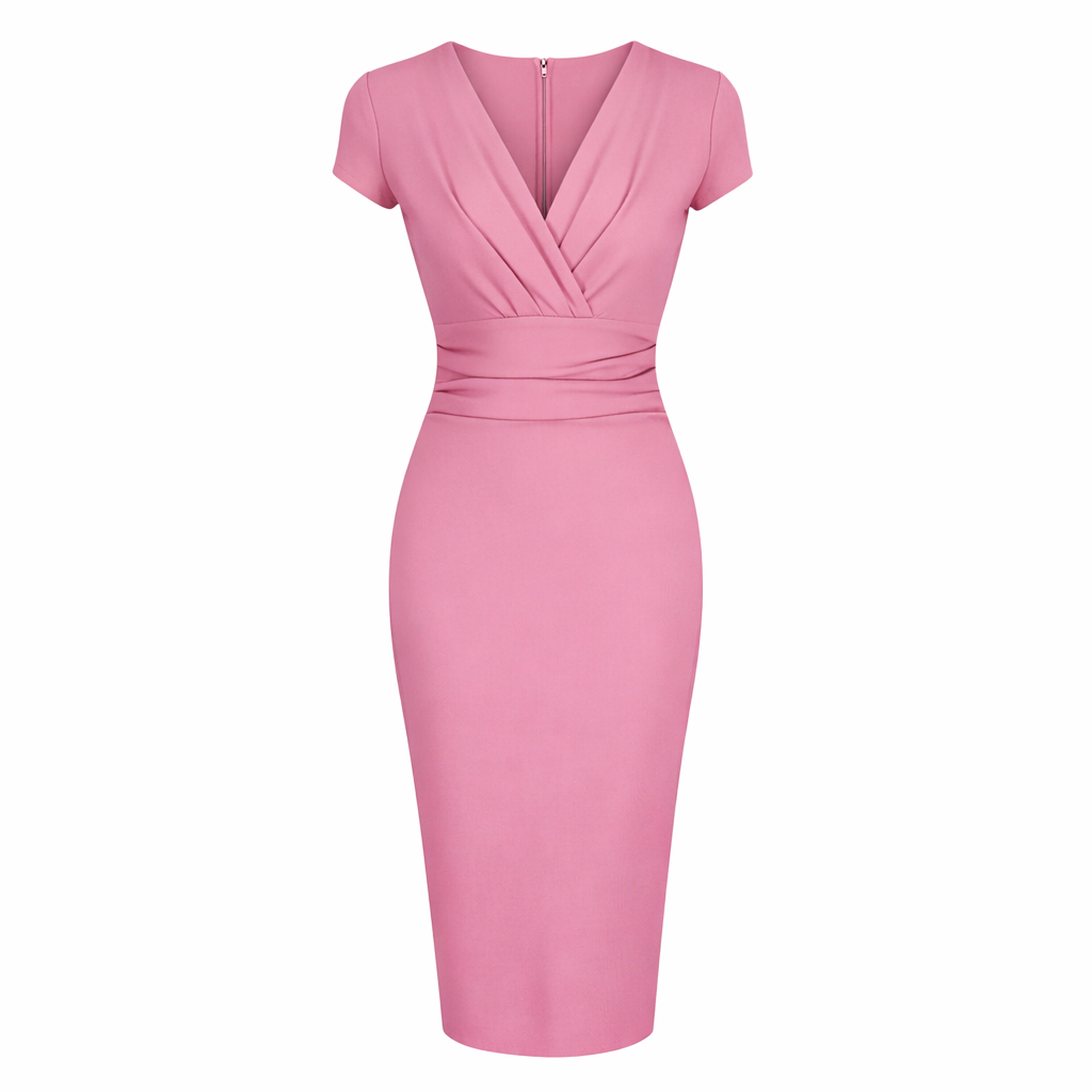 Dusky Pink Deep V Neck Cap Sleeve Ruched Waist Bodycon Wiggle Dress