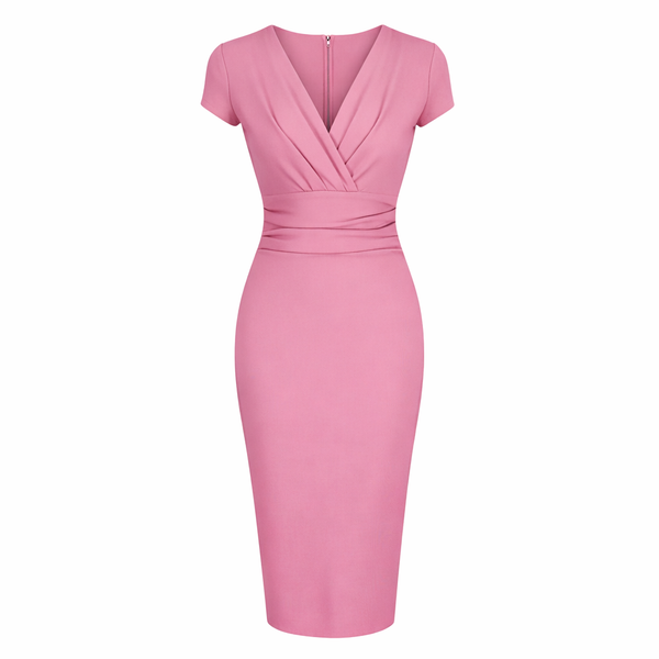 Dusky Pink Deep V Neck Cap Sleeve Ruched Waist Bodycon Wiggle Dress –  Pretty Kitty Fashion