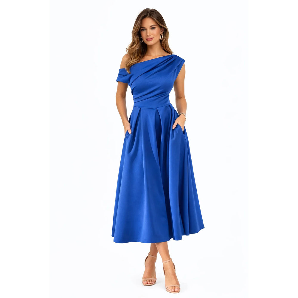 Asymmetric Off Shoulder Royal Blue Midi Dress With Pockets