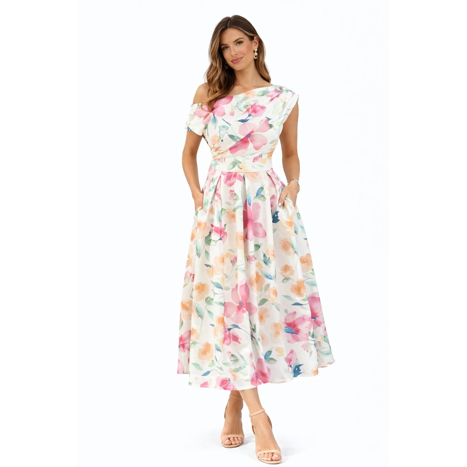 Asymmetric Off Shoulder Cream Pink Floral Midi Dress With Pockets