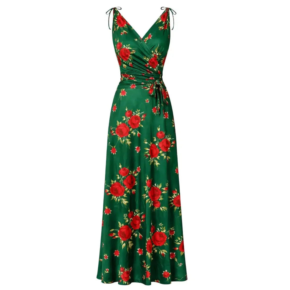 Green Floral Print Slinky Summer Maxi Dress
