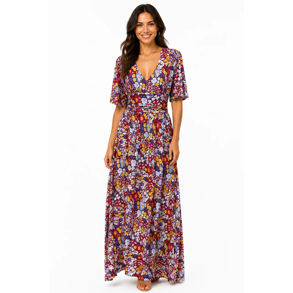 Vintage Burgundy Ditsy Floral Flutter Sleeve Maxi Dress