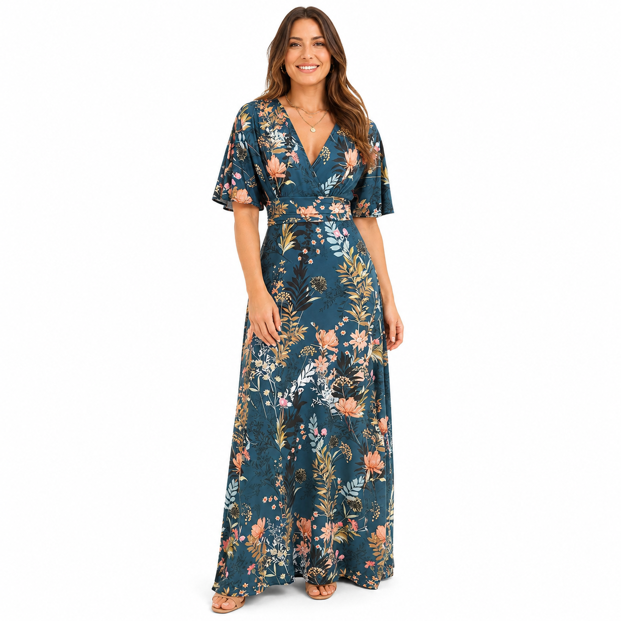 1940s Teal Floral Maxi Dress V Neck Waterfall Sleeve