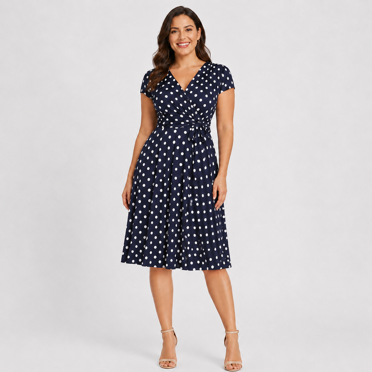 Navy Blue Polka Dot Cap Sleeve Fit And Flare Midi Dress