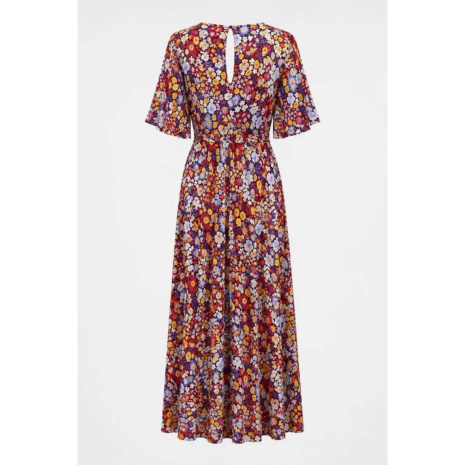 Vintage Burgundy Ditsy Floral Flutter Sleeve Maxi Dress