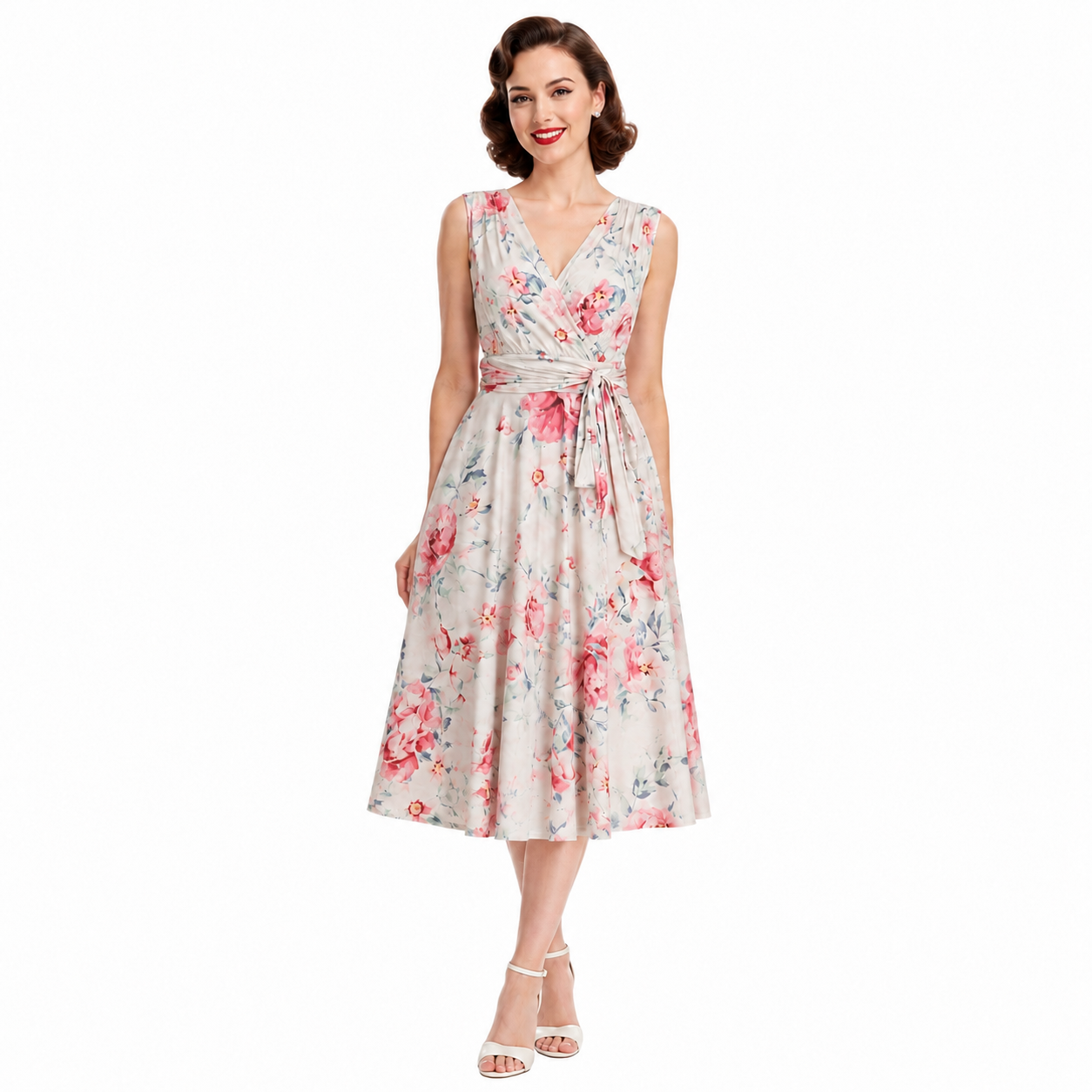 Ivory Pink Floral Crossover Top Empire Waist 1950s Swing Dress