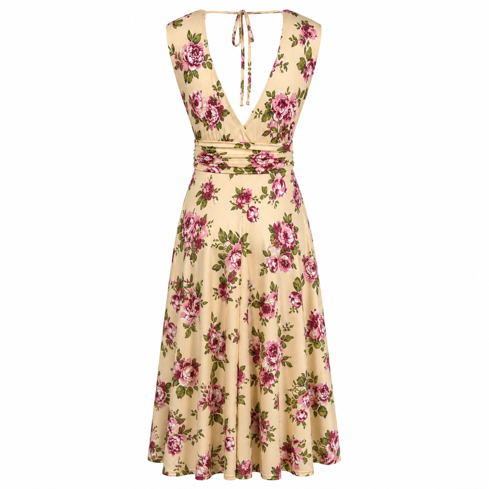 Yellow & Pink Floral Crossover Top Empire Waist 1950s Swing Dress