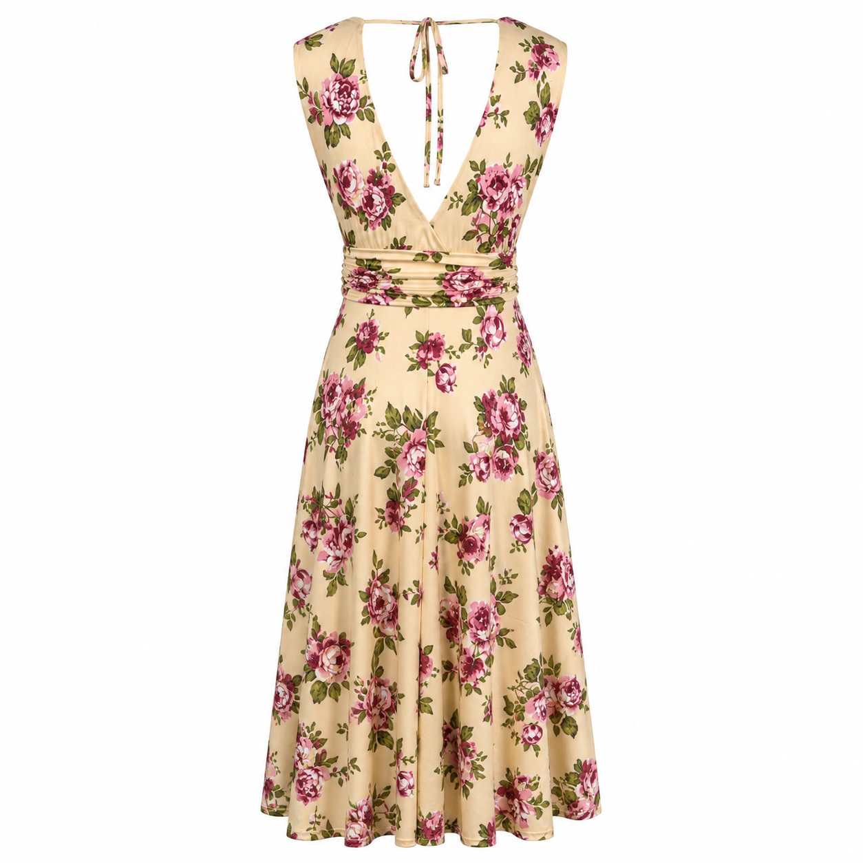 Yellow And Pink Floral Crossover Top Empire Waist 1950s Swing Dress