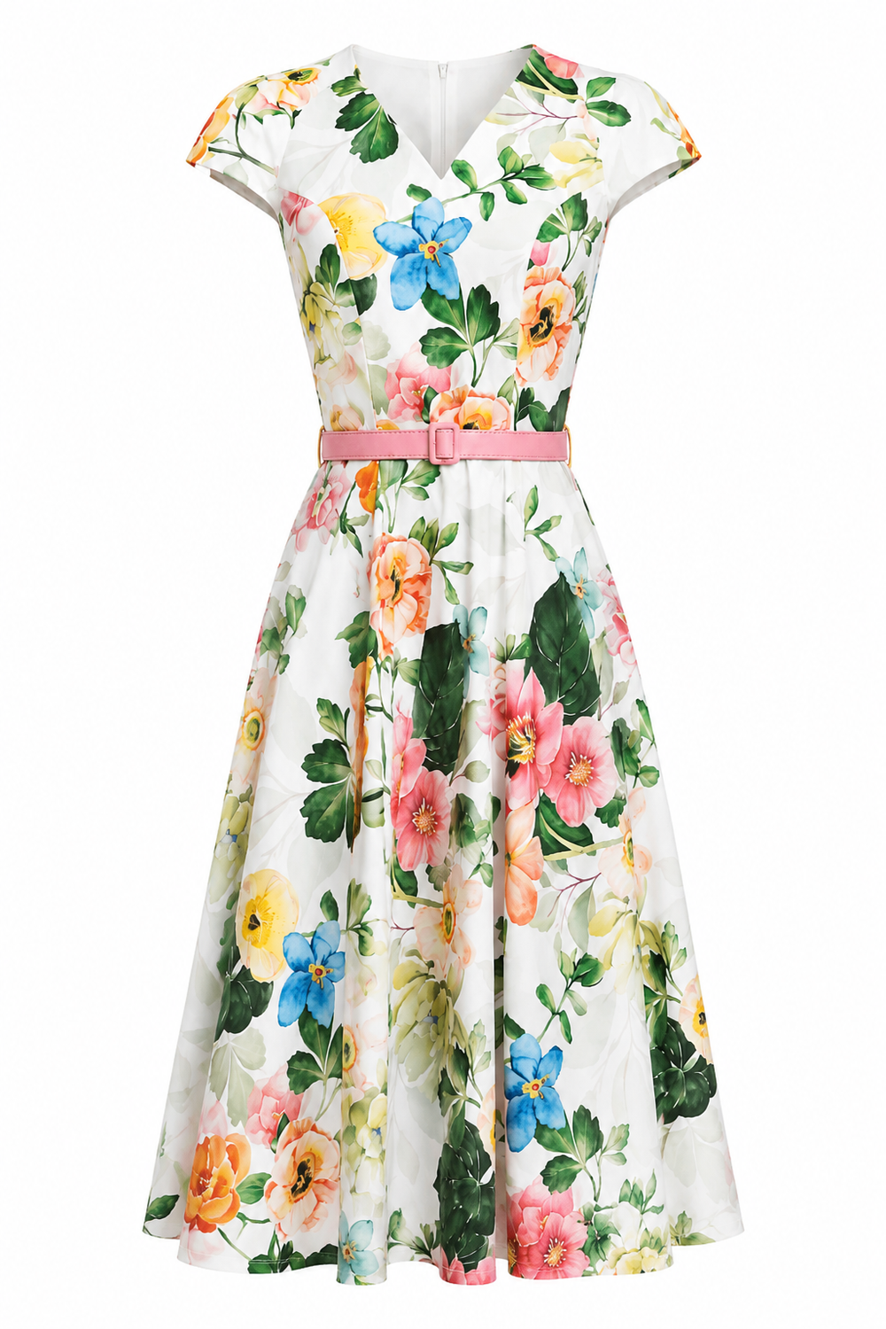 1950s Style White Summer Blossom Garden Floral Tea Dress
