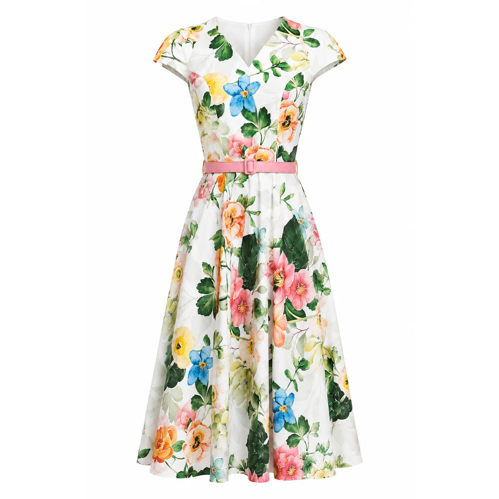 1950s Style White Summer Blossom Garden Floral Tea Dress