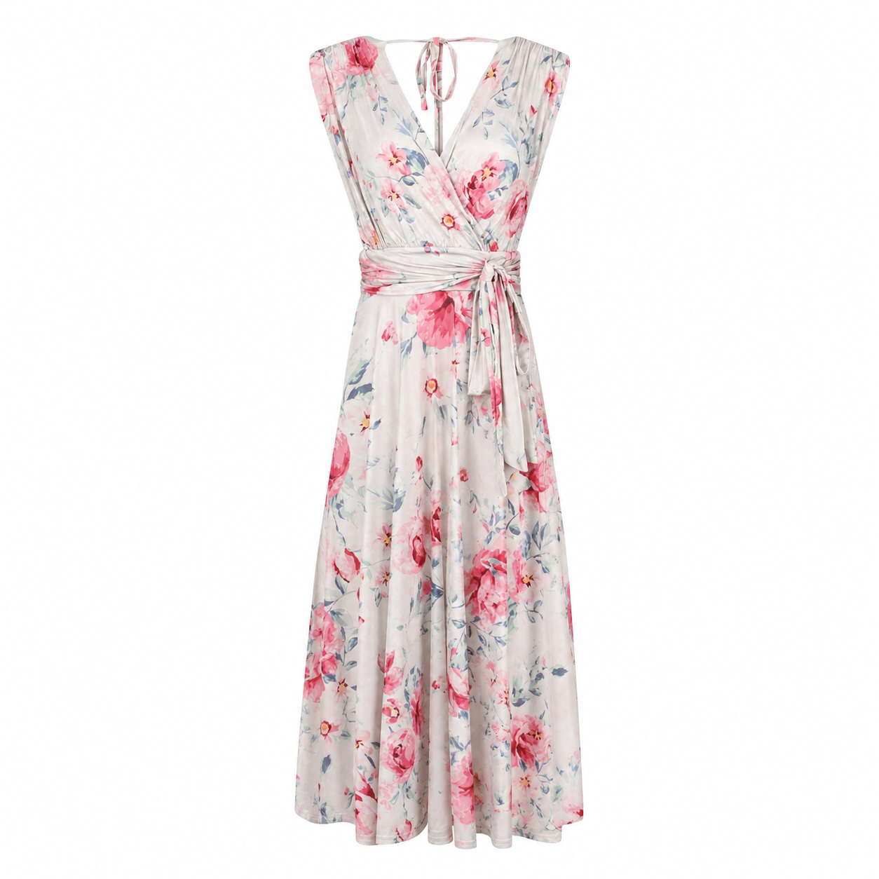 Ivory Pink Floral Crossover Top Empire Waist 1950s Swing Dress