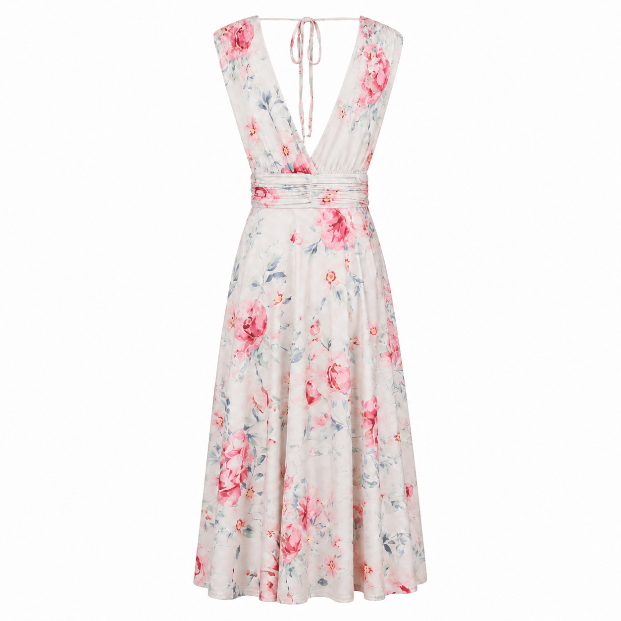 Ivory Pink Floral Crossover Top Empire Waist 1950s Swing Dress