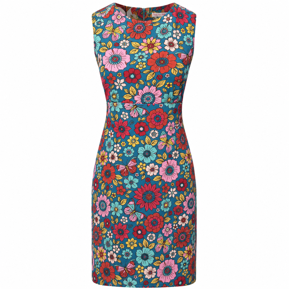 1960s Retro Vintage Teal Multi Floral Sleeveless Shift Dress