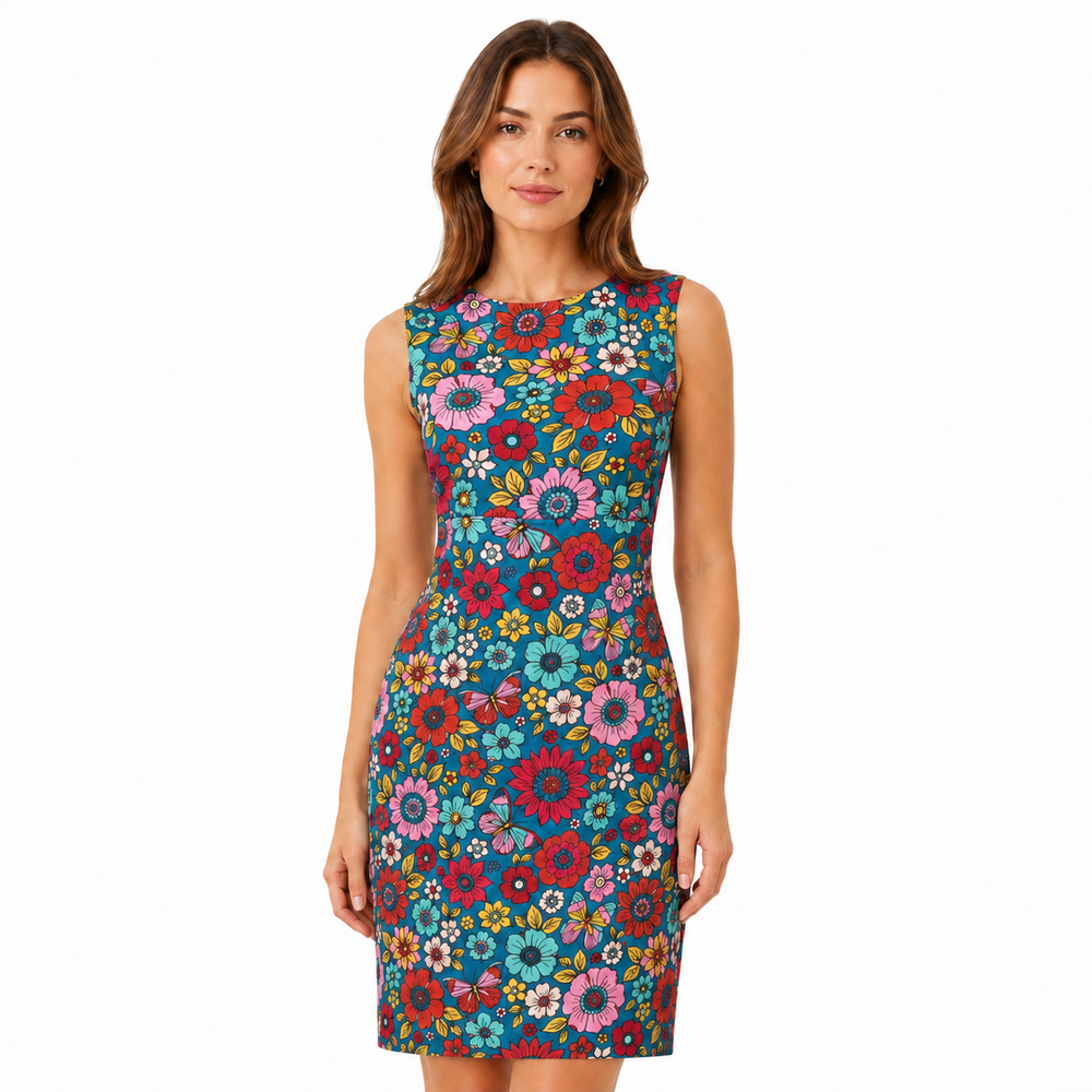 1960s Retro Vintage Teal Multi Floral Sleeveless Shift Dress