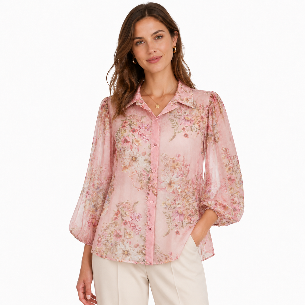 Pink Floral Sheer Chiffon Blouse with Balloon Sleeves