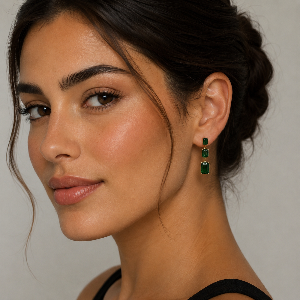 Emerald Green Gold Drop Vintage Look Earrings