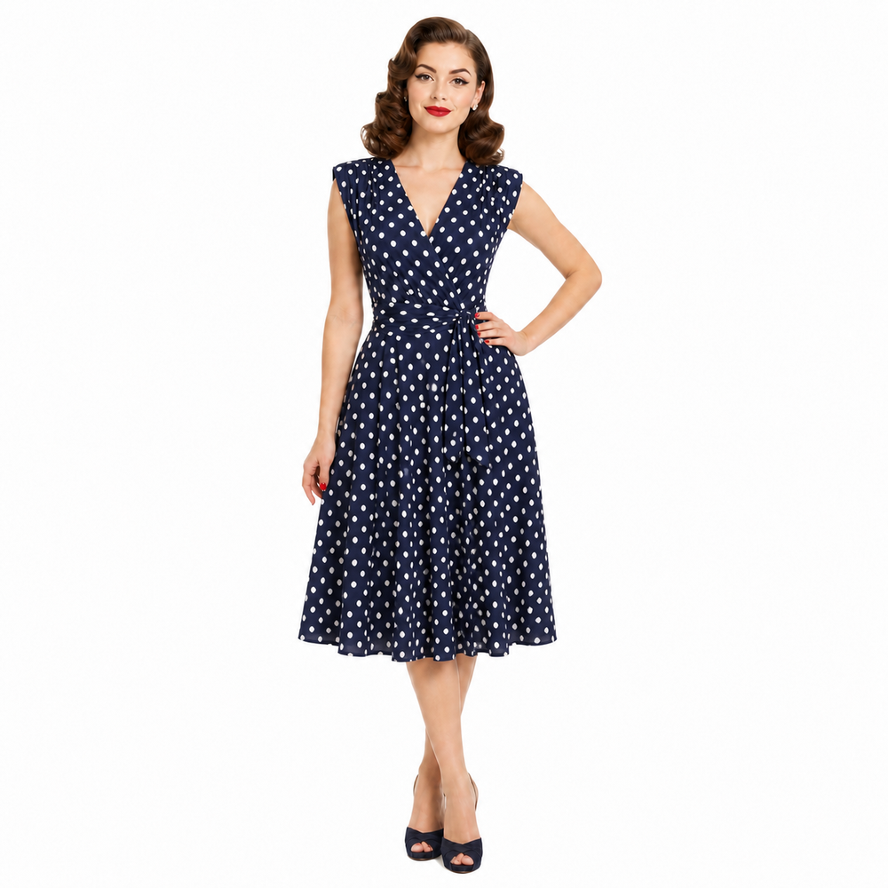Navy Blue Polka Dot V Neck Crossover Top Empire Waist Swing Dress