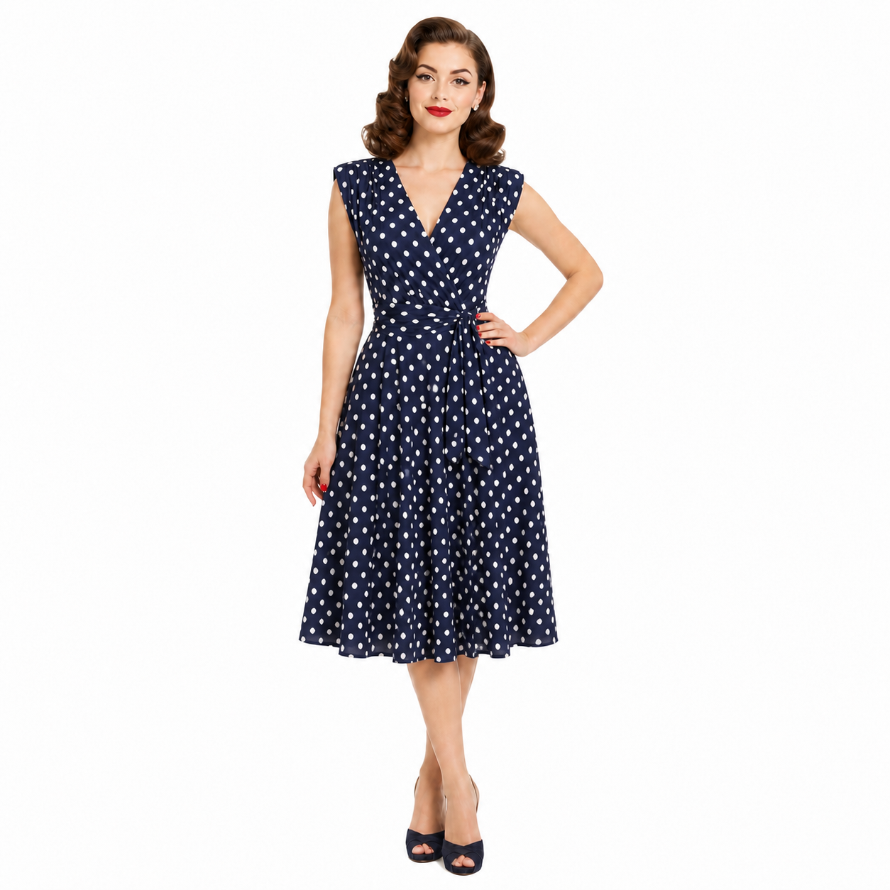 Navy Blue Polka Dot V Neck Crossover Top Empire Waist Swing Dress