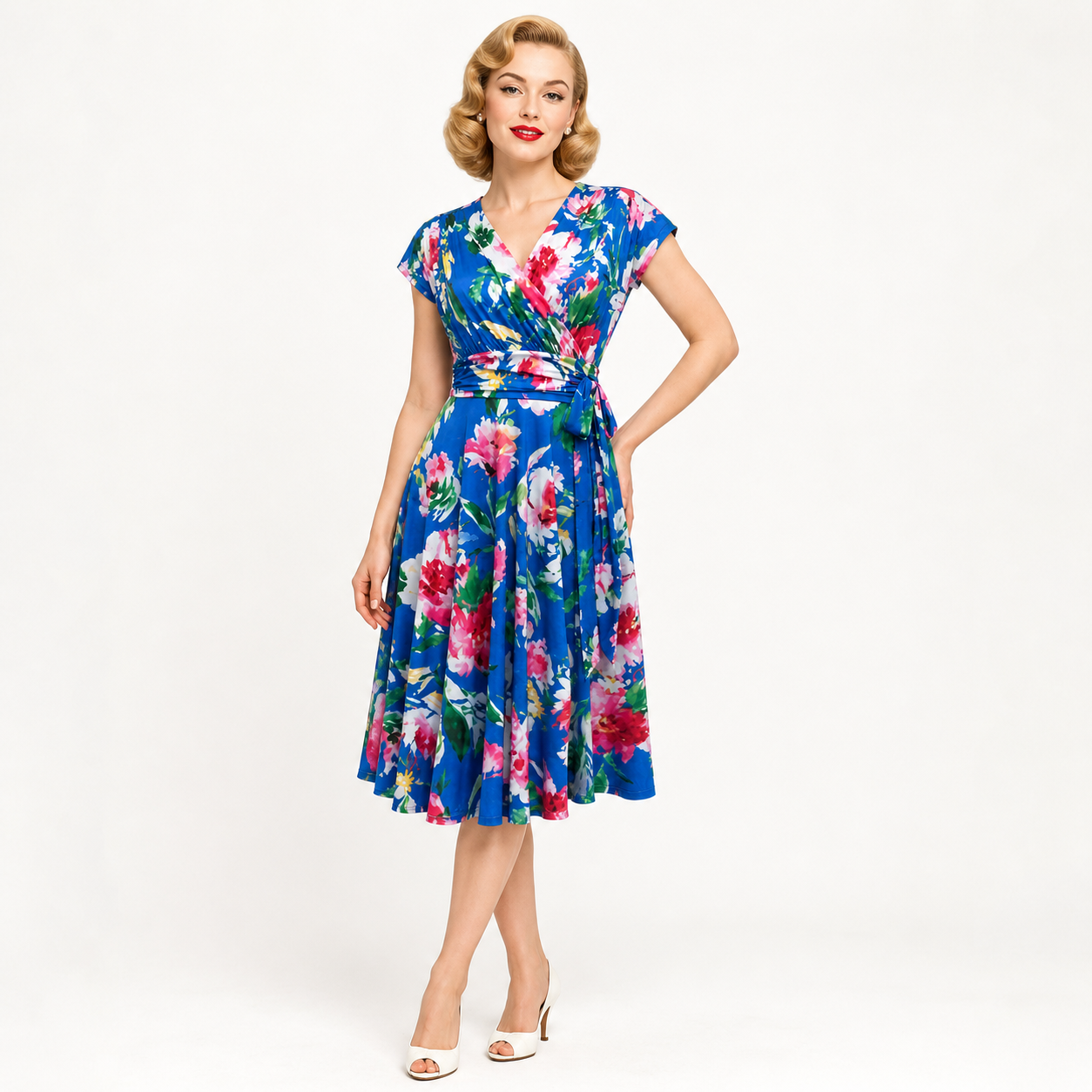 Royal Blue Pink Floral Cap Sleeve Fit And Flare Midi Dress
