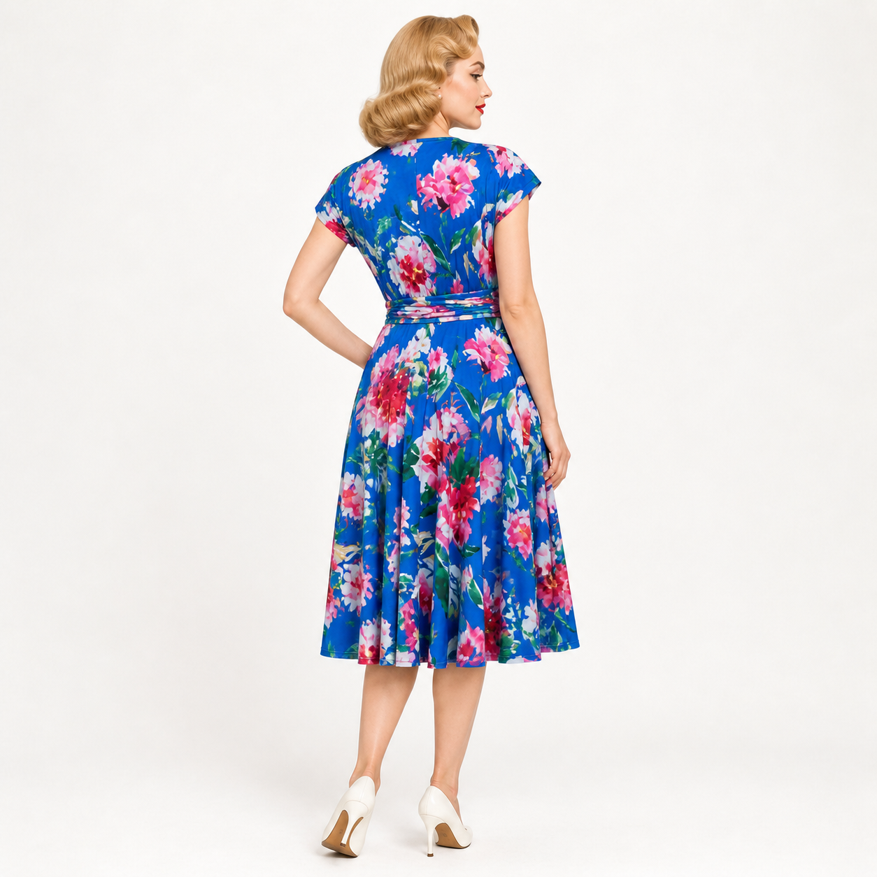 Royal Blue Pink Floral Cap Sleeve Fit And Flare Midi Dress