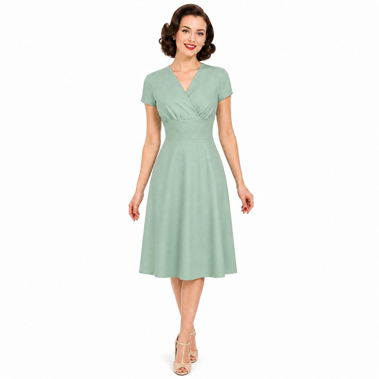 Sage Green A Line Vintage Capped Sleeve Tea Dress