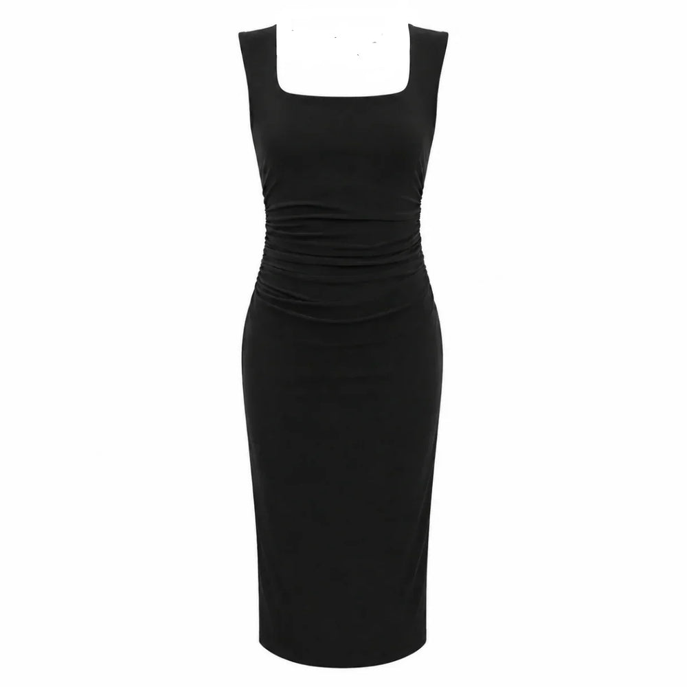 Black Ruched Wiggle Dress Square Neck Fitted Pencil Dress