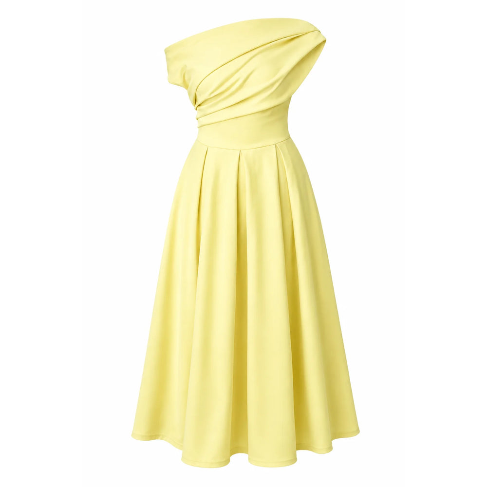 Asymmetric Off Shoulder Yellow Midi Dress With Pockets