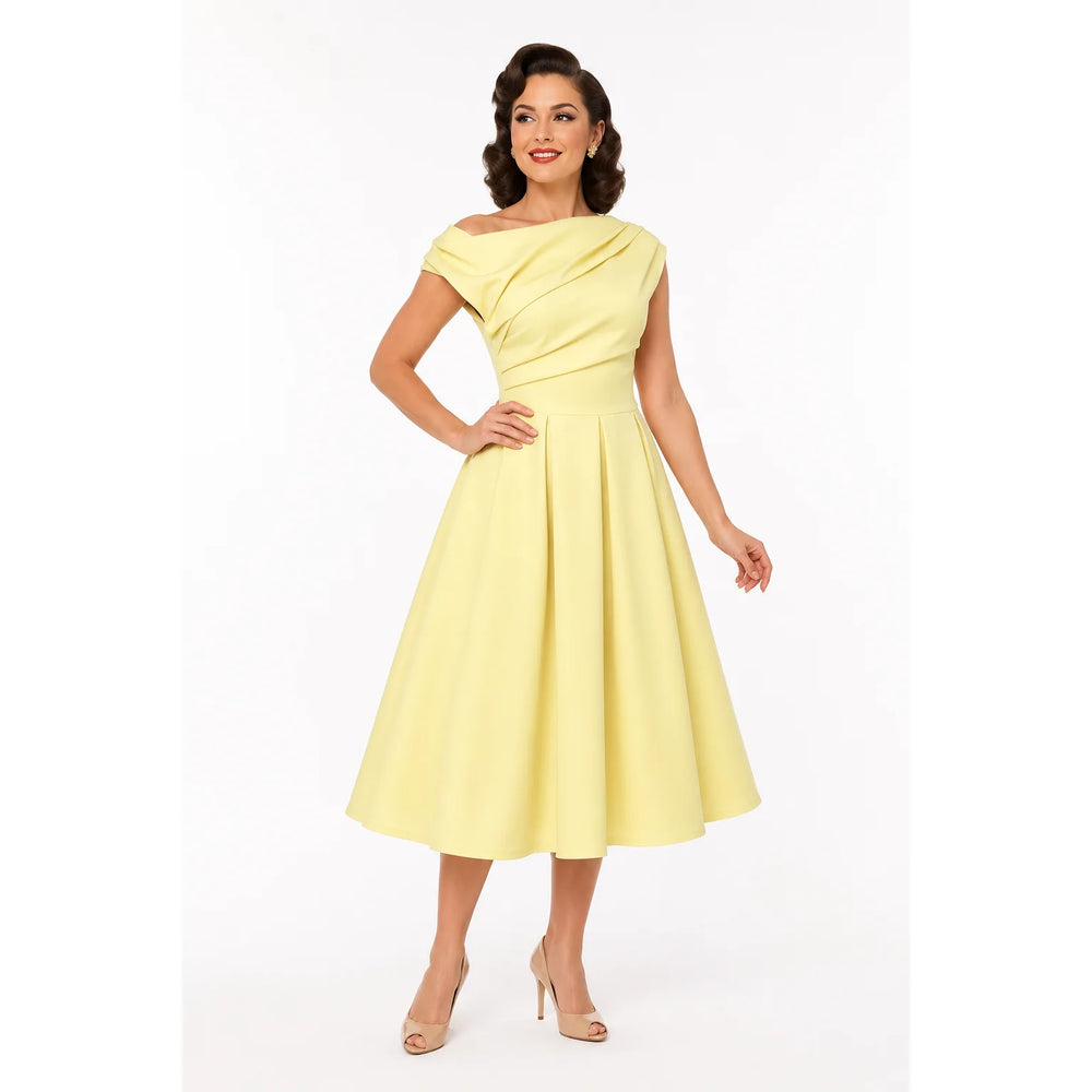 Asymmetric Off Shoulder Yellow Midi Dress With Pockets