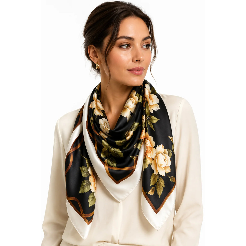 Black Floral Satin Scarf