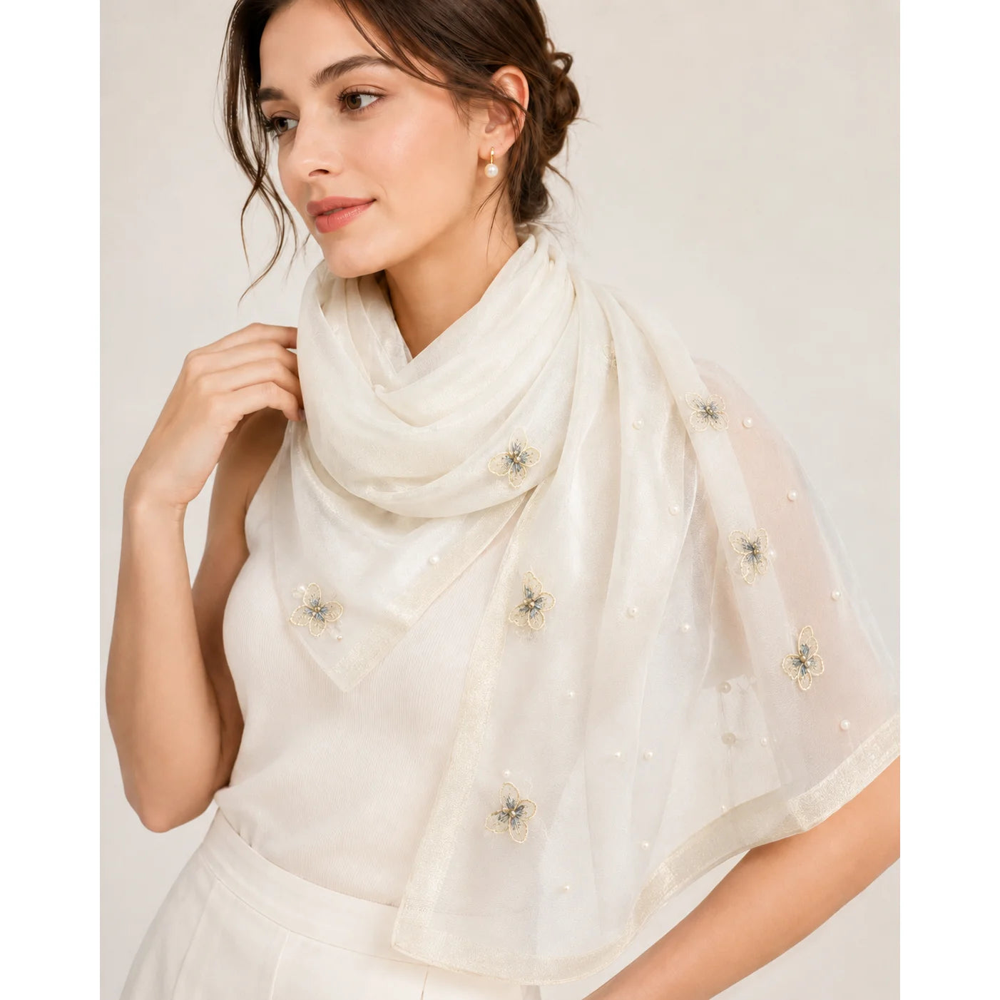 Ivory Silk Scarf With Butterflies And Pearls