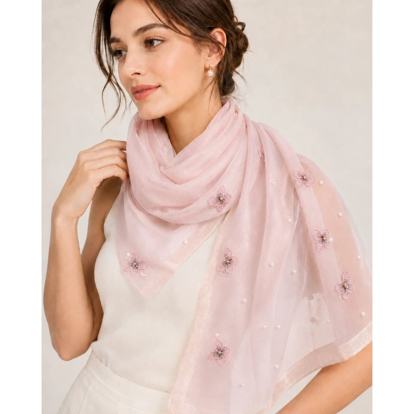 Pink Silk Scarf With Butterflies And Pearls