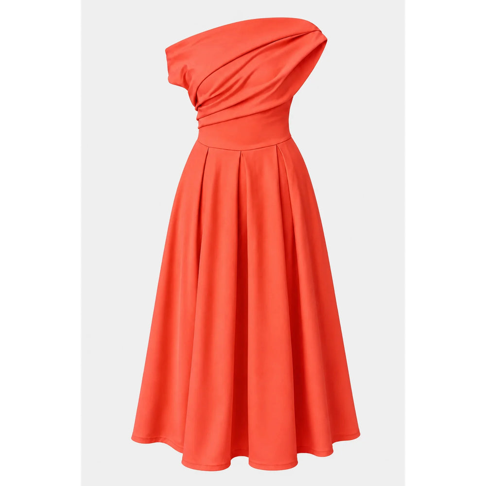 Asymmetric Off Shoulder Coral Orange Midi Dress With Pockets