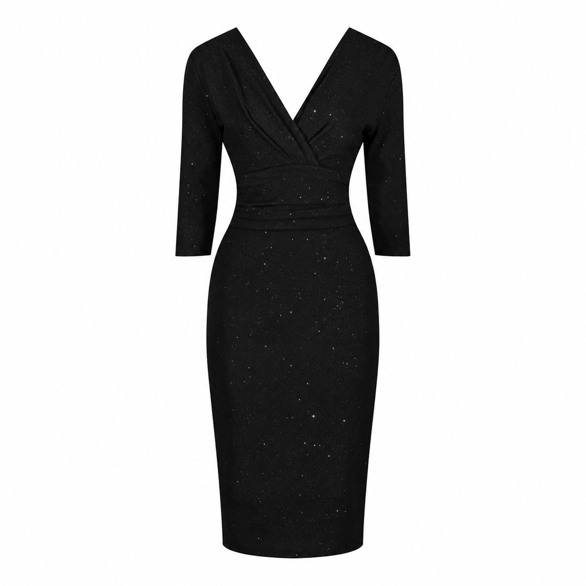 1950s Inspired Black Silver Glitter Wiggle Pencil Dress Ruched V Neck 3/4 Sleeves UK Made