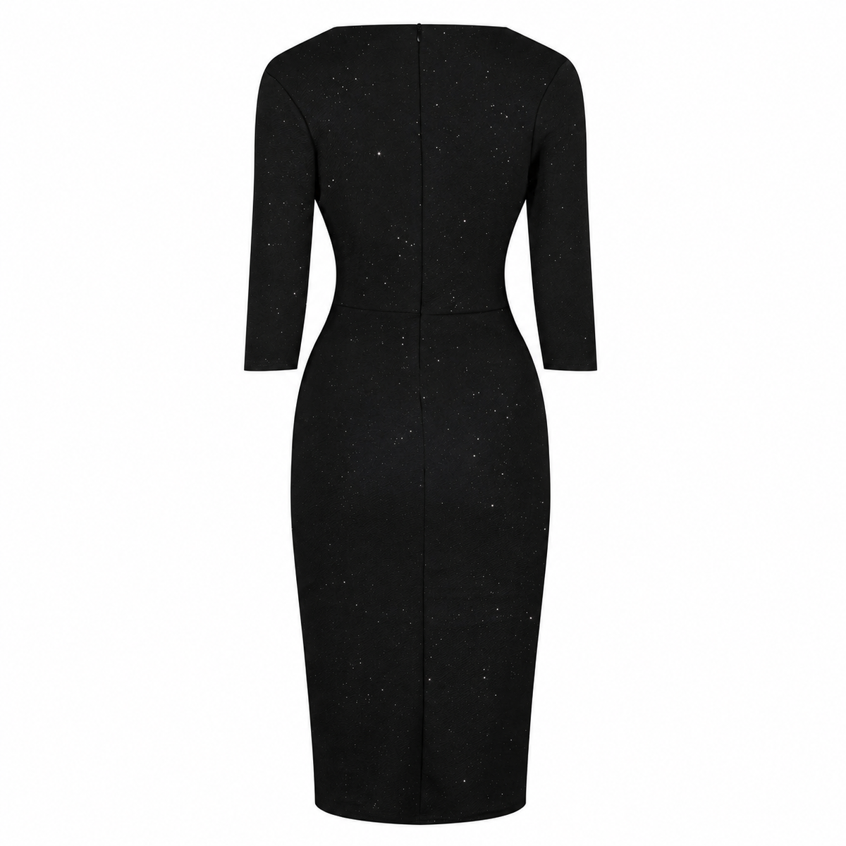 1950s Inspired Black Silver Glitter Wiggle Pencil Dress Ruched V Neck 3/4 Sleeves UK Made
