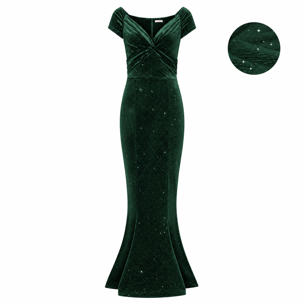 Forest Green Diamante Glitter Sparkle Cap Sleeve Twist Bust Fishtail Hem Maxi Dress