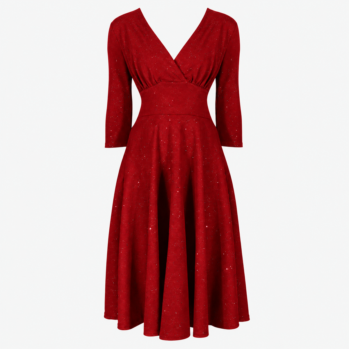 Wine red Glitter Vintage A Line Crossover 3/4 Sleeve Tea Swing Dress