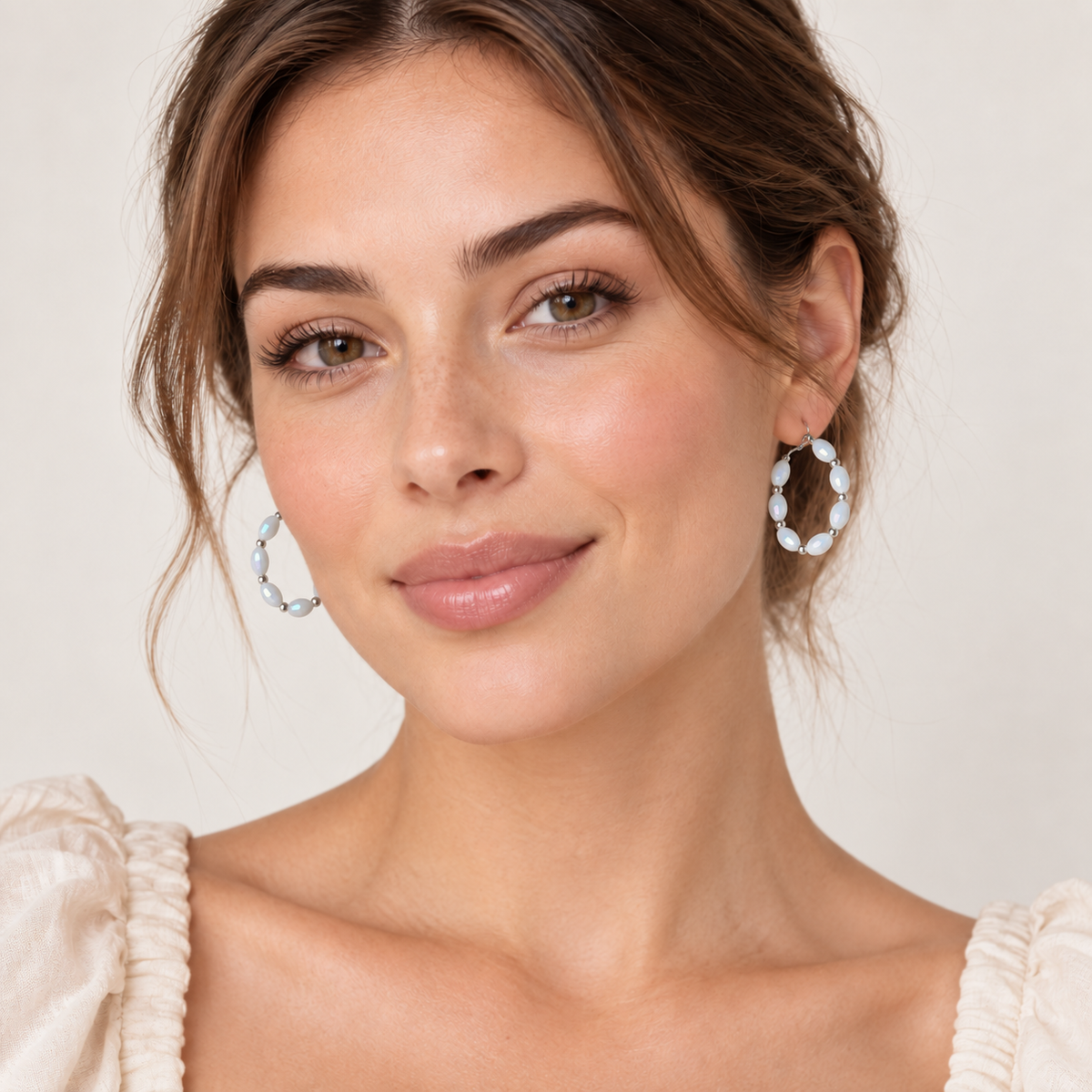 Silver-Tone and White Stone Hoop Earrings