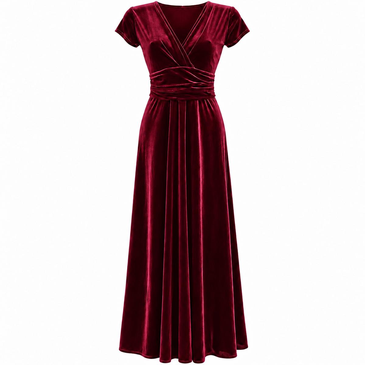 1940s Inspired Claret Wine Velour V Neck Cap Sleeve Maxi Dress