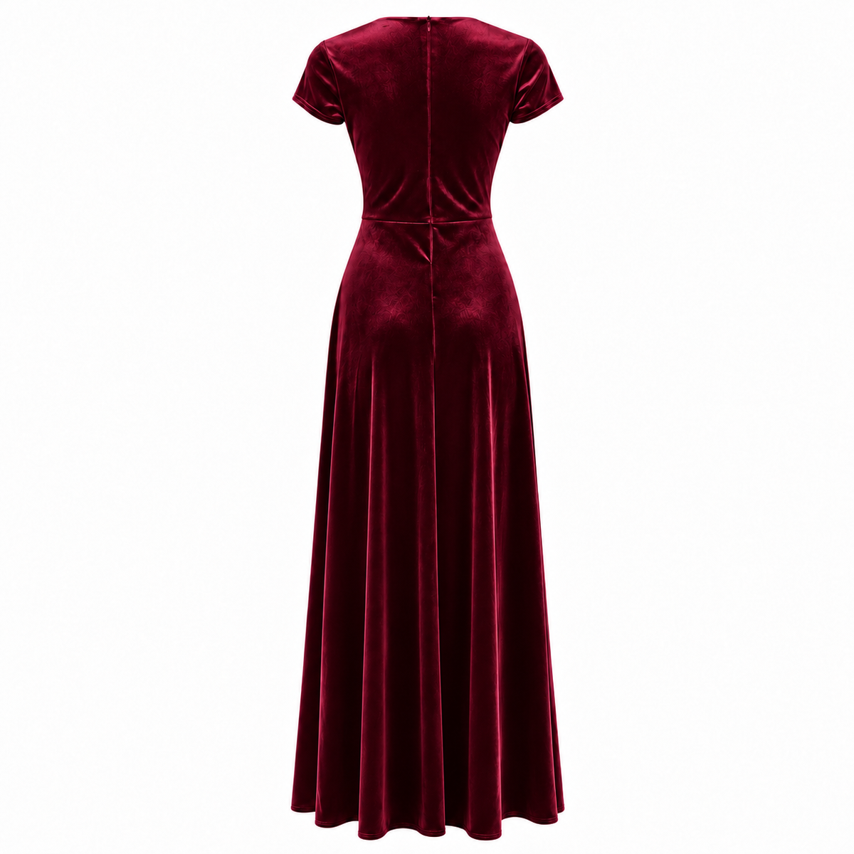 1940s Inspired Claret Wine Velour V Neck Cap Sleeve Maxi Dress