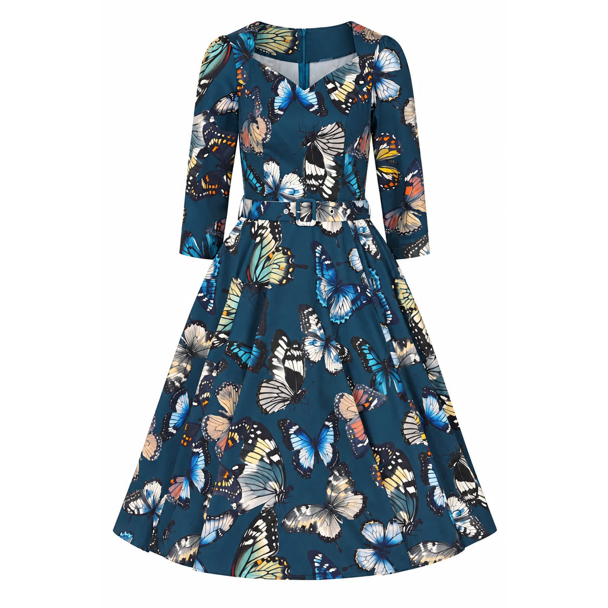 Navy Butterfly Print 1950s Swing Dress with 3/4 Sleeves And Pockets