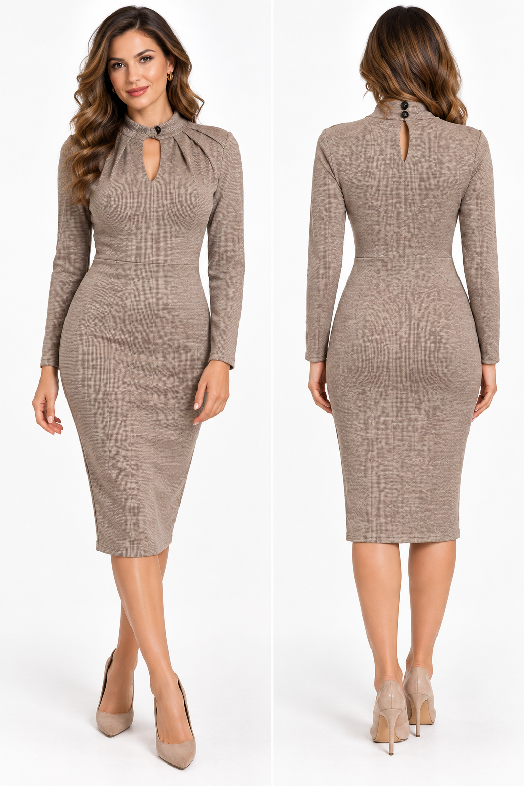 Gold Taupe Twist Neck Long Sleeve Occasion Dress