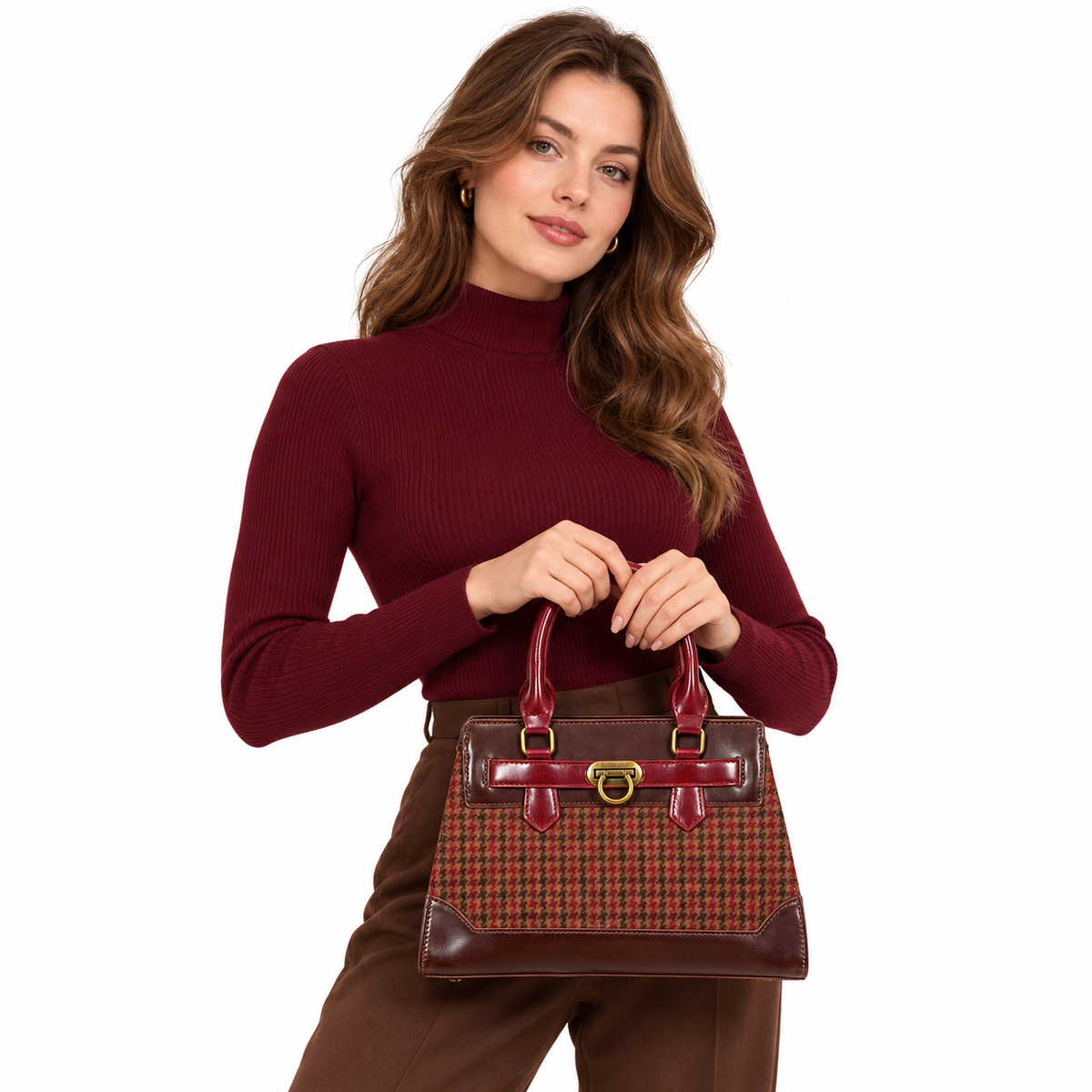 Vintage Brown Check Houndstooth Tote Bag