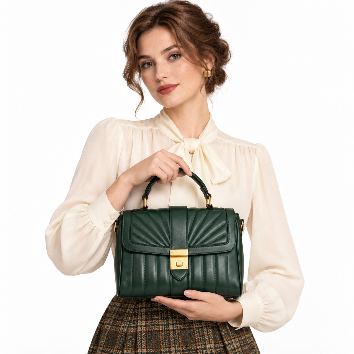 Forest Green Quilted Handbag – Vintage Style Structured Top Handle Bag
