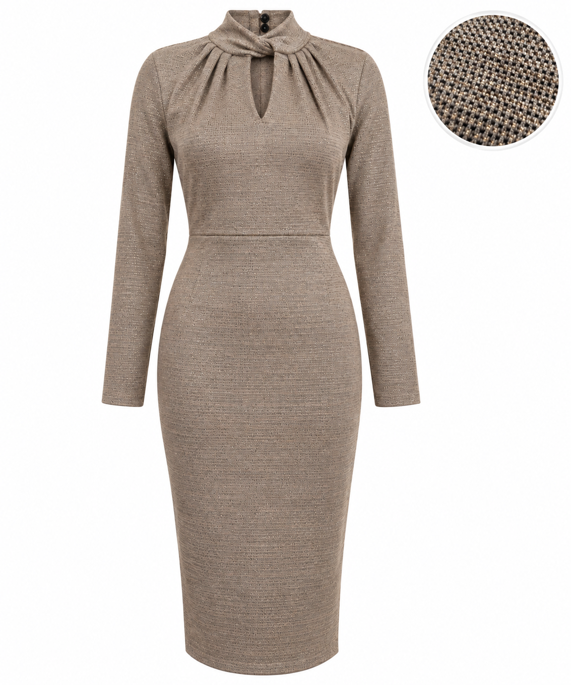 Gold Taupe Twist Neck Long Sleeve Occasion Dress