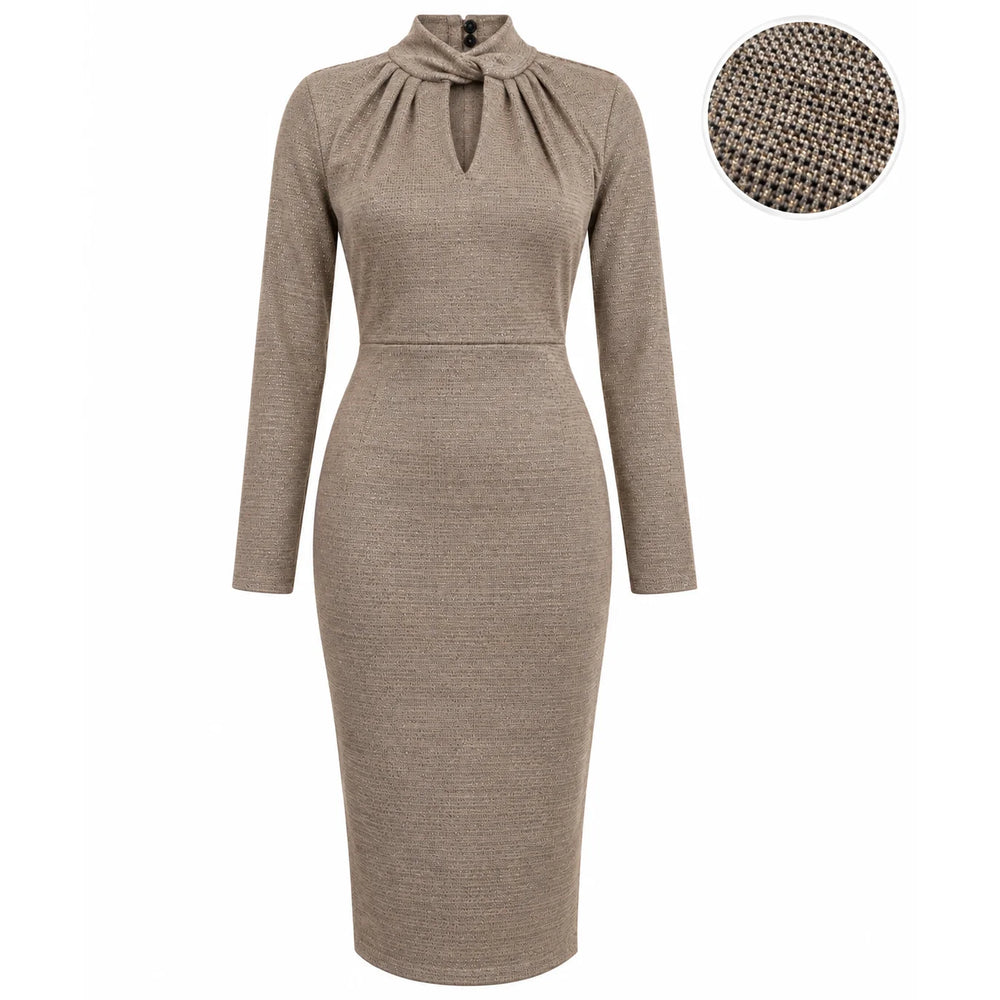 Gold Taupe Twist Neck Long Sleeve Occasion Dress
