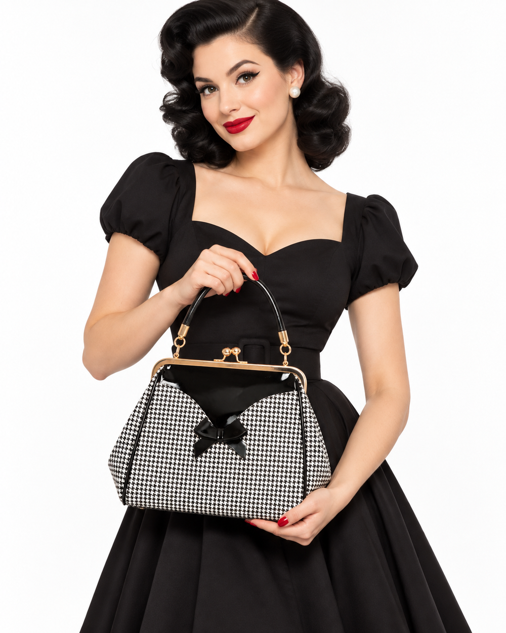 Black Vintage Houndstooth Check Retro Patent Handbag