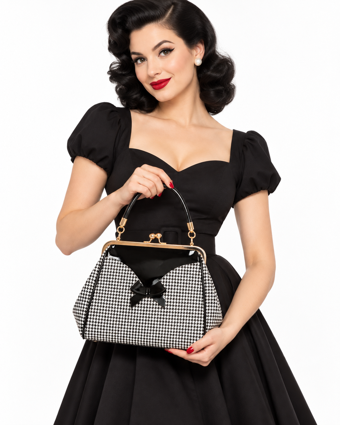 Black Vintage Houndstooth Check Retro Patent Handbag