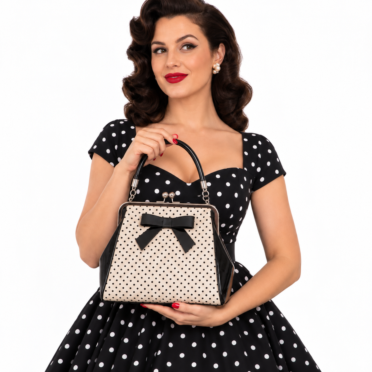 Blush And Black Polka Dot Retro Handbag with Black Bow