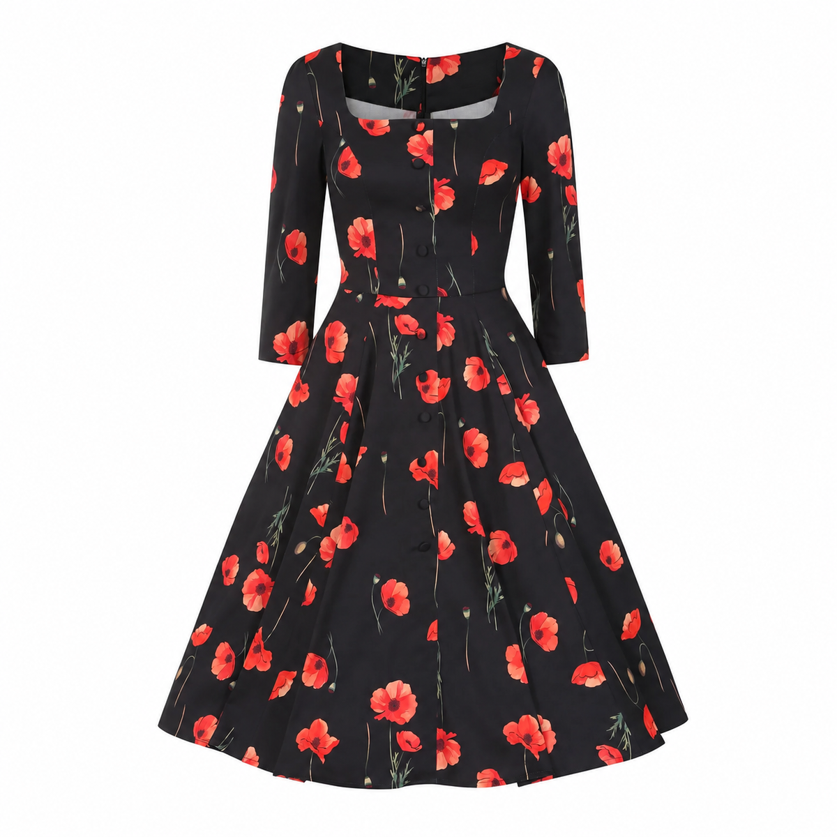Black Poppy Print 1950s Swing Dress with Square Neckline And Pockets